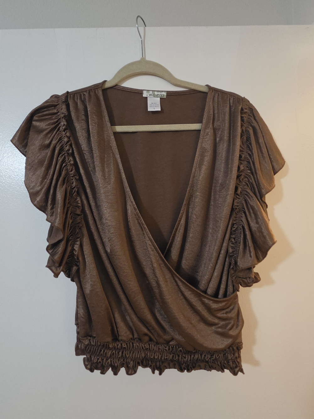 Wild Miss Shimmer Brown Surplice Flutter Sleeve Top